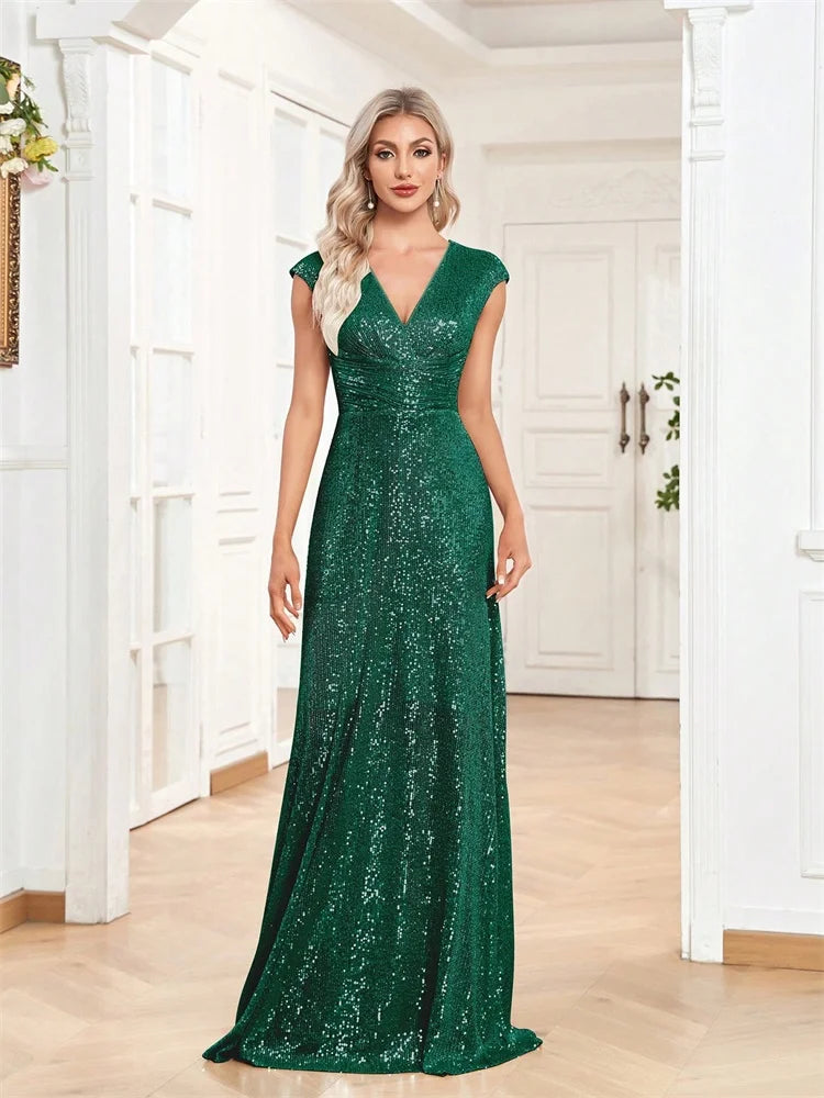 2025 Women Elegant V-neck Mermaid Evening Dress Floor Length Formal Blue Prom Party Gown Sequins Sleeveless Vestidos