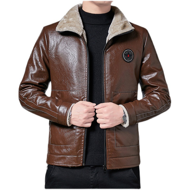 Lapel Motorcycle Jacket Plus Velvet Pu Leather Jacket