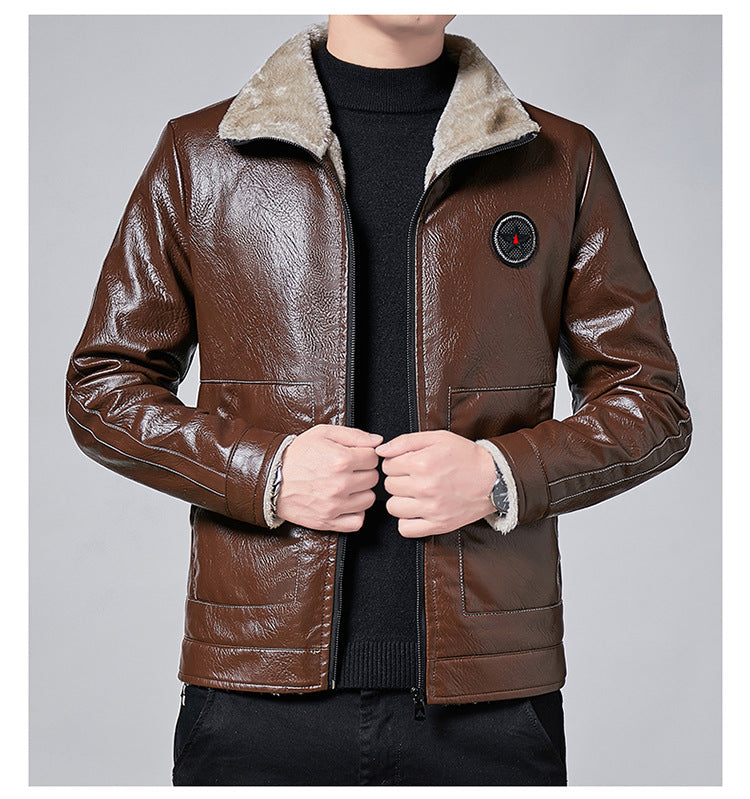 Lapel Motorcycle Jacket Plus Velvet Pu Leather Jacket