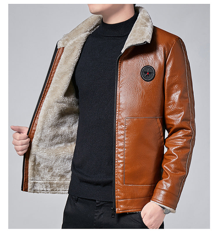 Lapel Motorcycle Jacket Plus Velvet Pu Leather Jacket