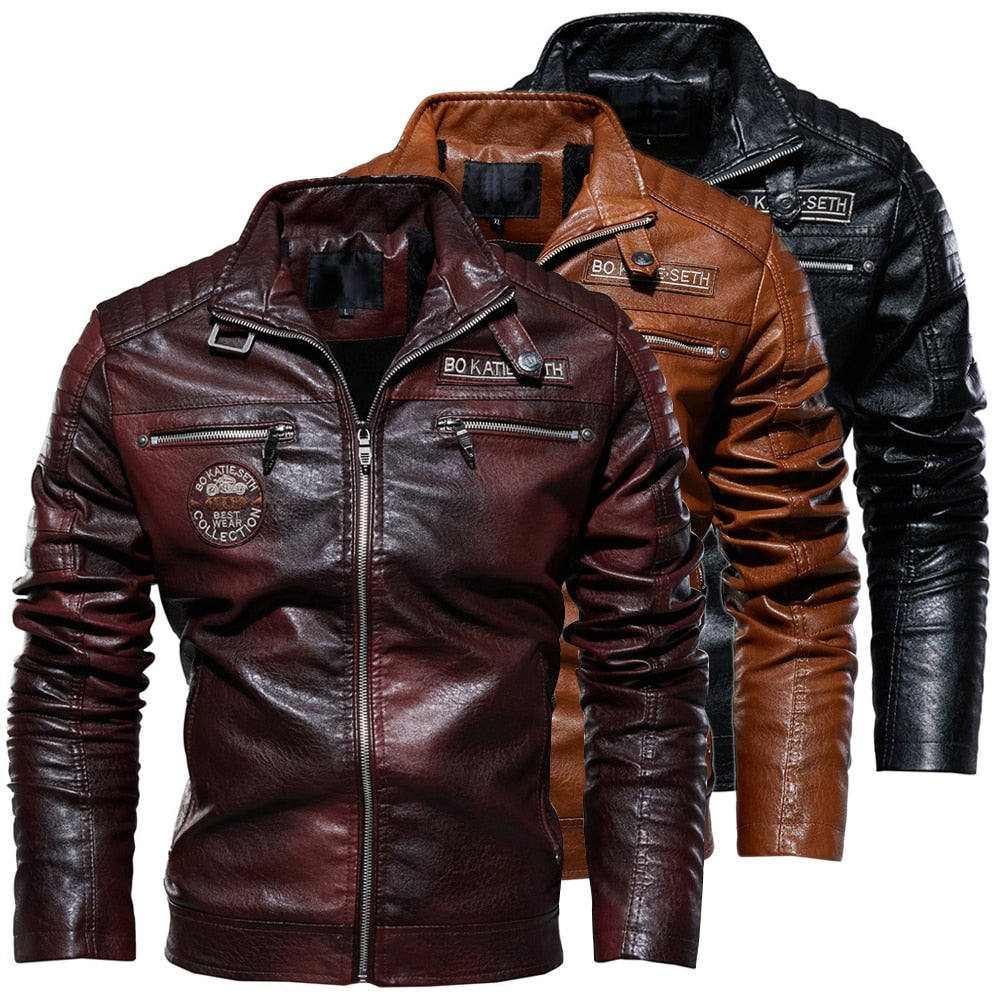 Leather Jacket Men Winter Casual Windbreaker Slim Coat