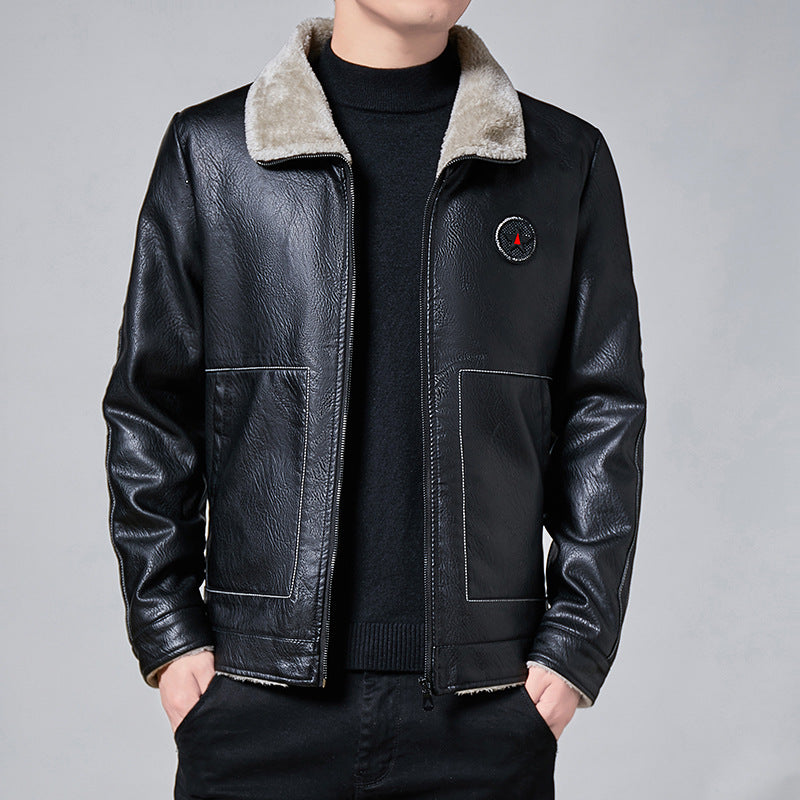 Lapel Motorcycle Jacket Plus Velvet Pu Leather Jacket