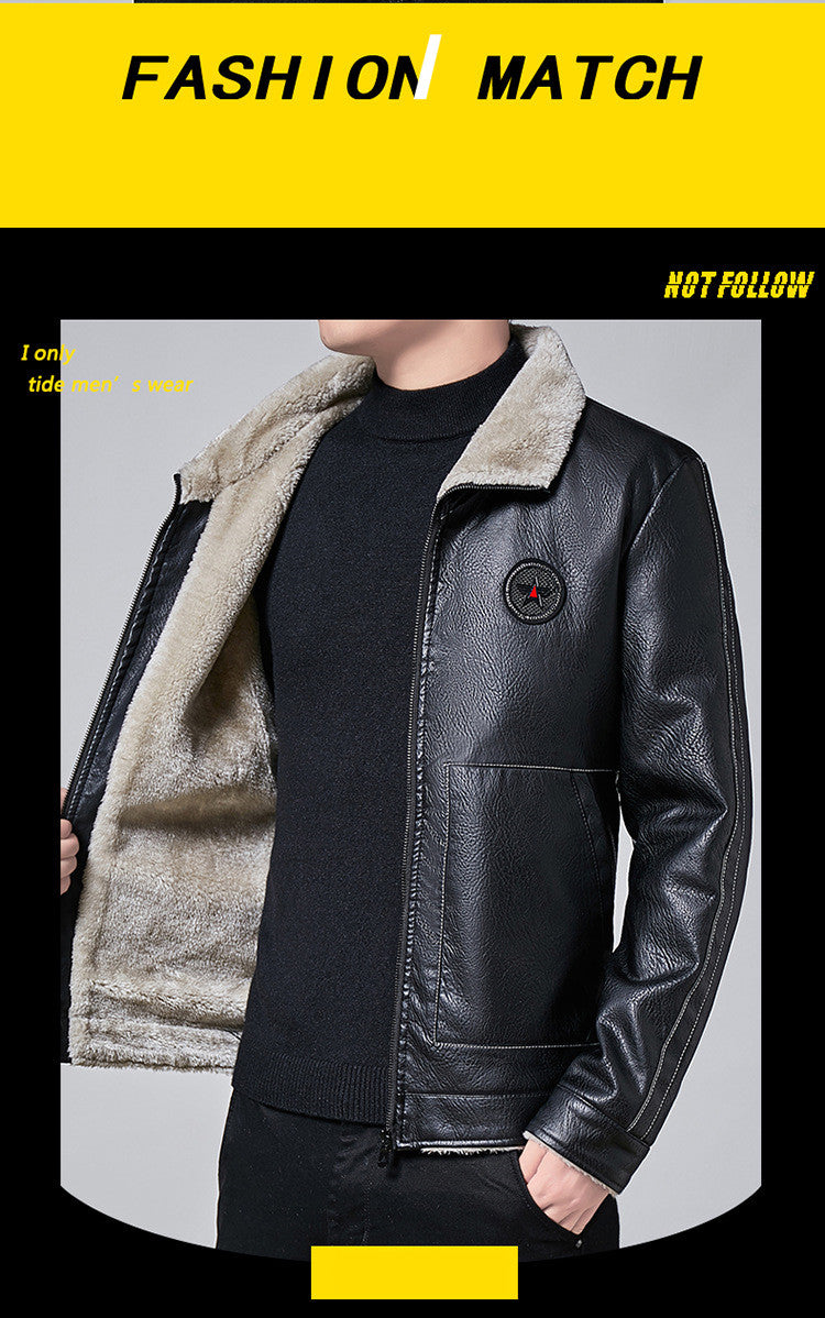 Lapel Motorcycle Jacket Plus Velvet Pu Leather Jacket