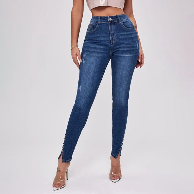 Slit Bead Trim High Waist Jeans