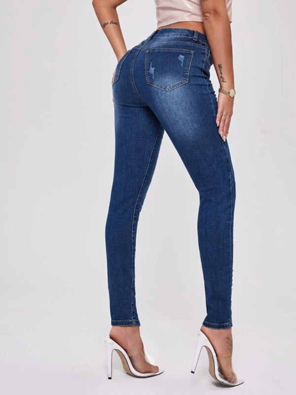 Slit Bead Trim High Waist Jeans