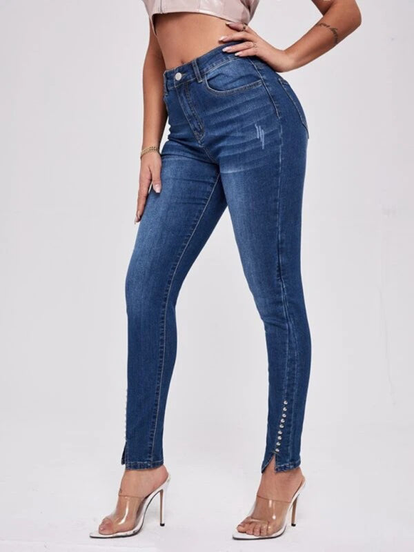 Slit Bead Trim High Waist Jeans
