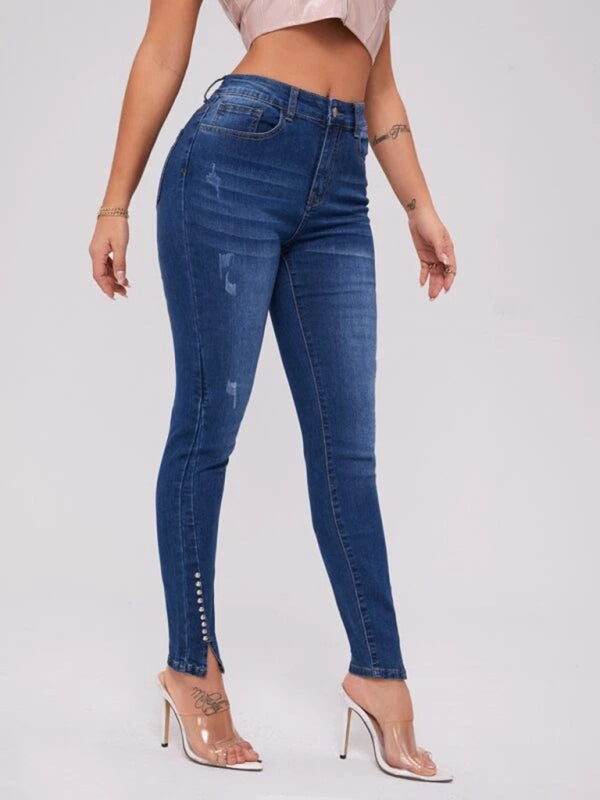 Slit Bead Trim High Waist Jeans