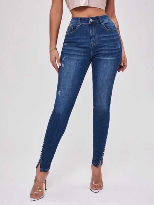 Slit Bead Trim High Waist Jeans